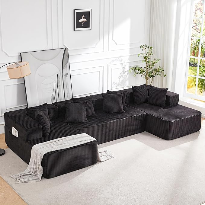HOMREST 131 Boneless Memory Foam Sofa with Chaise Lounge Comfy Corduroy Deep Seat Modular Sectional Couch Large U-Shaped Floor Sofa for Living Room &amp Apartment No Assembly Required Black