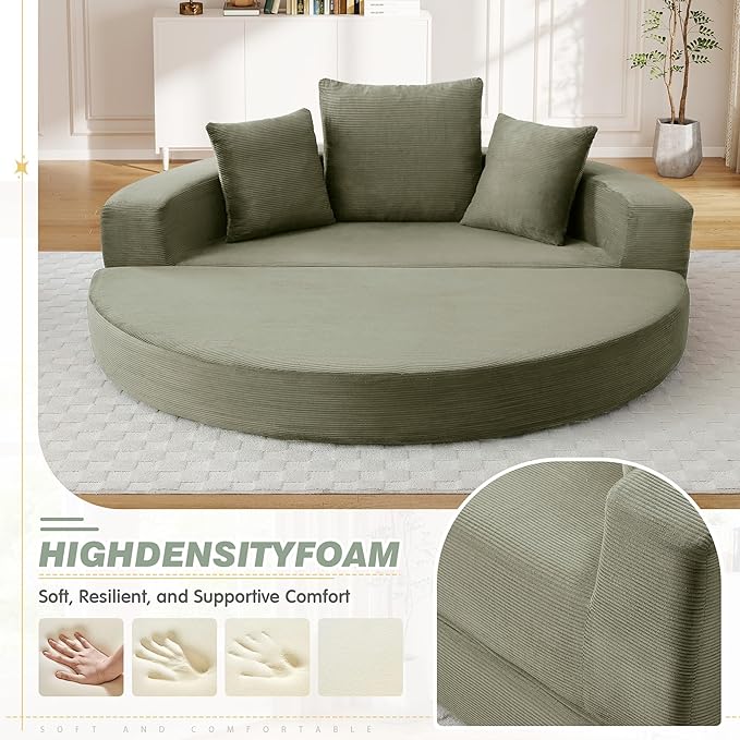 TTK 67” Oversized Round Sofa Bed 2 in 1 Convertible Circle Bed Folding Futon Lazy Floor Round Chaise Lounge Chair Comfy Corduroy Boneless Loveseat Couch for Living Room Apartment No Assembly (Green)