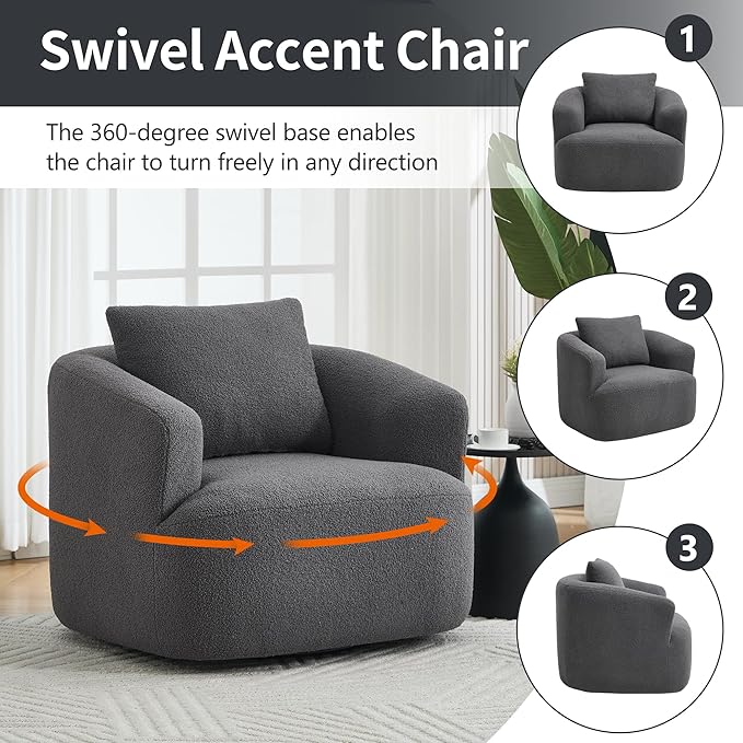 PELUMY Swivel Accent Chair Modern Round Barrel Chair Soft Teddy Fleece Fabric Swivel Chair for Living Room 360 Rotating Small Space Comfort Reading Chair No Tools Assembly (Dark Grey)