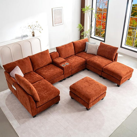 136.4 Modular Sectional Sofa U-Shaped 8 Seater Sectional Sofa with Storage Ottoman Linen L-Shaped Couch Large Cloud Couch with Cup Holders &amp USB for Living Room（Orange