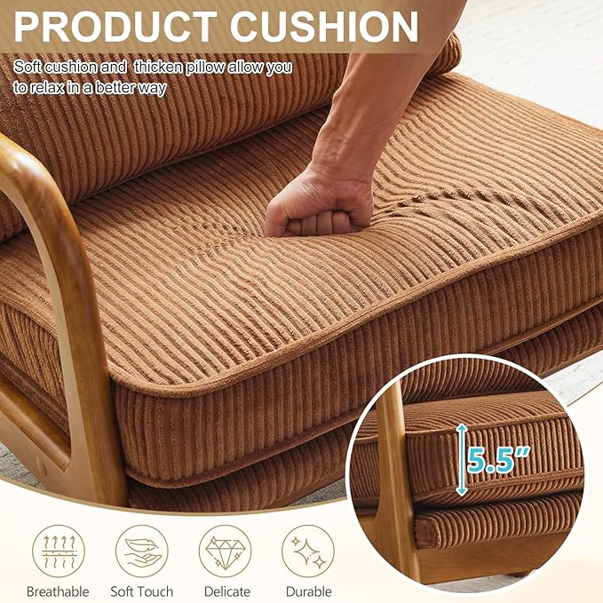 Karl home Mid-Century Modern Accent Chair Living Room Chairs with Pillow Corduroy Upholstered Lounge Armchair with Solid Wood Frame &amp Soft Cushion for Bedroom Reading Room Brown