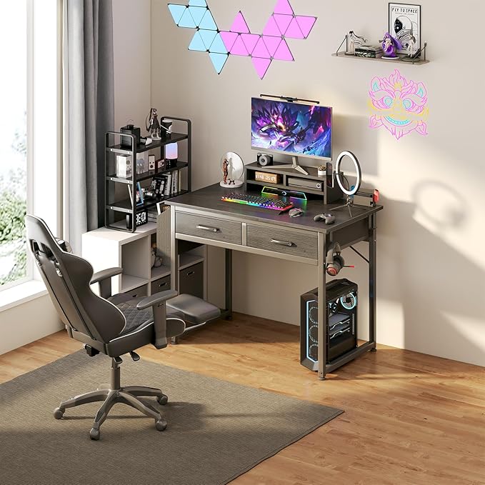 DLisiting Small Desk with Fabric Drawers for Bedroom 32 Inch Gaming Desk with 2 Drawers for Small Space Study Writing Table PC Desks Black