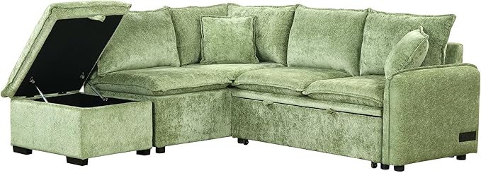 LUMISOL 82.7 Convertible Sleeper Sofa Bed with Storage Ottoman L-Shaped Sectional Sofa with Pull Out Bed USB Ports Chenille Sleeper Sofa Couch with Chaise for Living Room Green