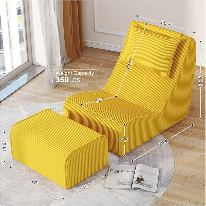 Giant Bean Bag Chair for AdultsCorduroy Chaise Lounge with Unrivaled Back Support Detachable Neck Pillow Comfortable Ottoman &amp Washable Cover for Living Room Bedroom Garden (Corn Yellow)