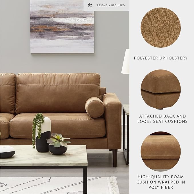 Signature Design by Ashley Telora Faux Leather Sofa 2 Bolster Pillows Loose Cushions Faux Wood Finish Accent Legs 85 W x 35 D x 35 H Dark Brown