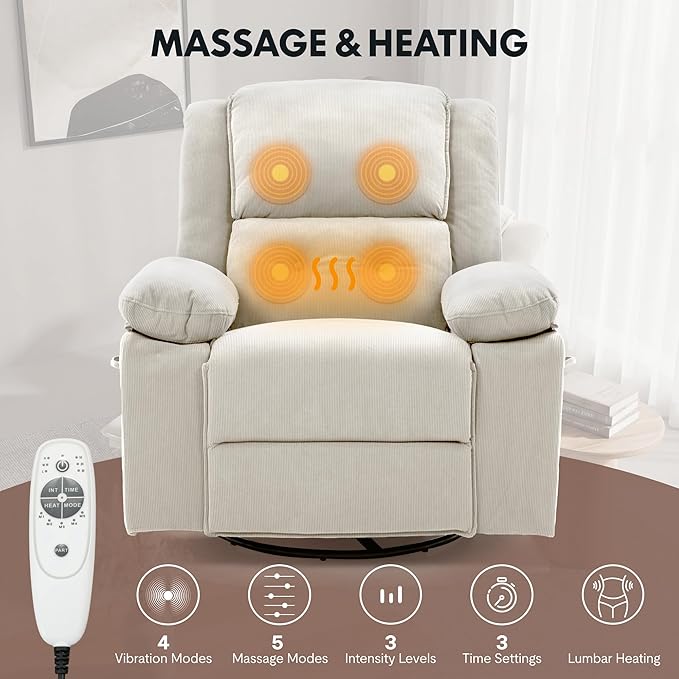 FLEXISPOT Swivel Rocker Recliner Chair for Adults Massage Recliner Rocking Chair Nursery 360° Swivel Nursery Glider for Living Room Bedroom Beige (XRC2)