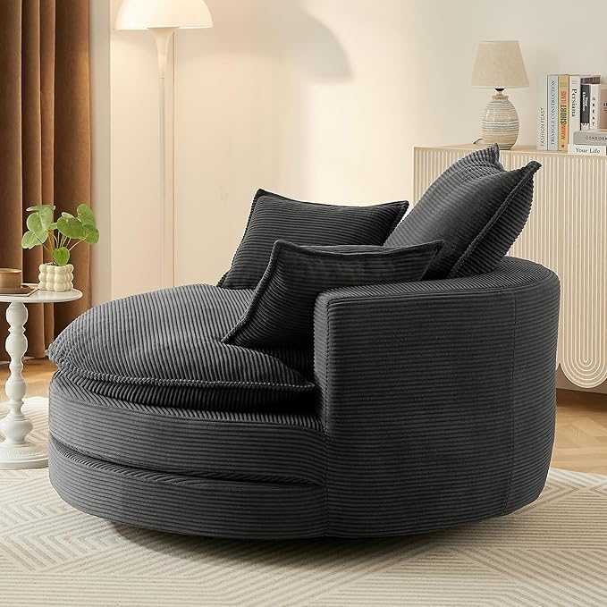 Merax 360° Swivel Sofa Chair 57.5 Swivel Accent Barrel Chair with Dual-Layer Cushion Design Modern Corduroy Leisure Sofa Round Chaise Lounge with 3 Removable Pillows for Living Room Bedroom