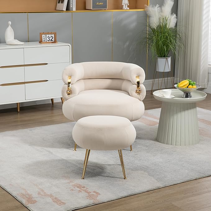 Velvet Oversized Armchair Accent Chair with Ottoman Mid-Century Modern Living Room Chairs Single Sofa Chair with Metal Legs Upholstered Tufted Reading Chairs for Bedroom Office (Beige)
