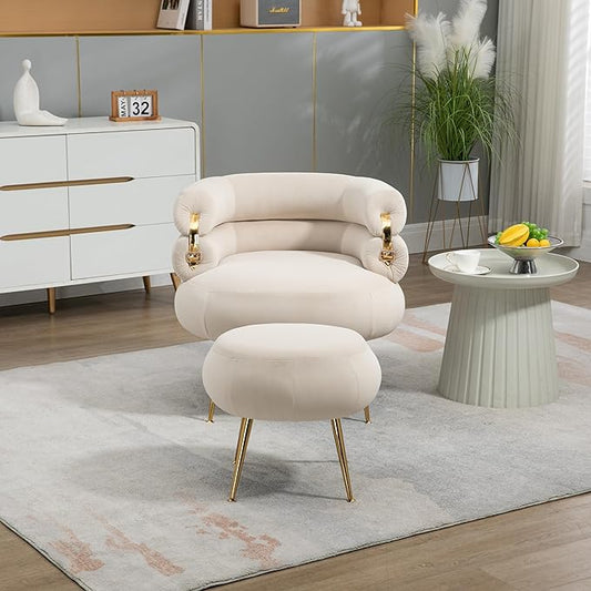Velvet Oversized Armchair Accent Chair with Ottoman Mid-Century Modern Living Room Chairs Single Sofa Chair with Metal Legs Upholstered Tufted Reading Chairs for Bedroom Office (Beige)