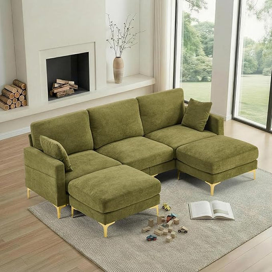 VINGLI 100 W U Shaped Couch with Ottoman 22 Deep Seat Comfortable Sectional Couches for Living Room 3 Seater Chenille Fabric Cloud Sofa for Apartment Small Spaces Bedroom Green