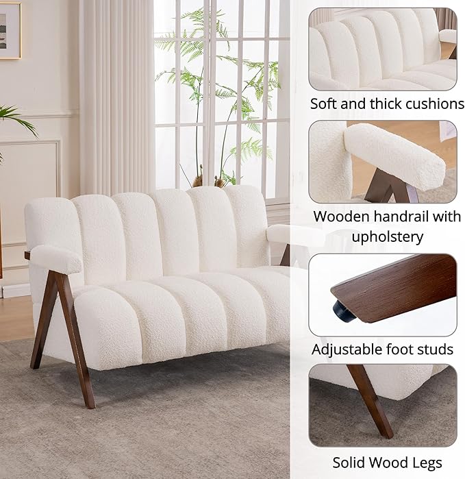 Mid Century Modern Accent Chair Loveseat Sofa with Solid Wood Frame Boucle Upholstered Living Room Chairs with Thick Cushion Comfy Tufted Arm Chair for Bedroom Ivory