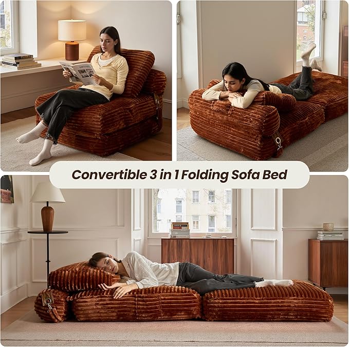 ovios Folding Sofa Bed Foldable Sleeper Chair Floor Futon Comfy Portable Convertible Fold Out Lounge Chairs for Living Room Bedroom Brown