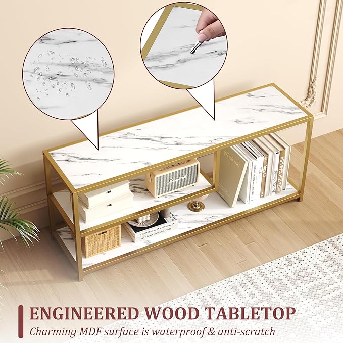 Function Home TV Stand for TVs up to 55 Inch 3 Tier Entertainment Center Media Console with Open Storage Shelves for Living Room Bedroom 47” Modern TV Table with Faux Marble Top Gold Metal Leg