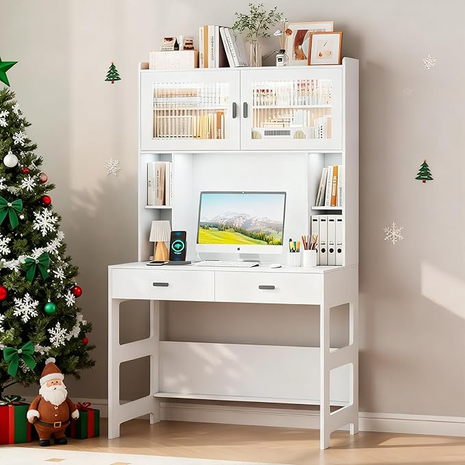 Vlsrka Home Office Desk with Hutch and Drawers 40 Computer Desk with Storage Shelves and LED Lights Modern Wooden Writing Study Table with Charging Station for Bedroom White