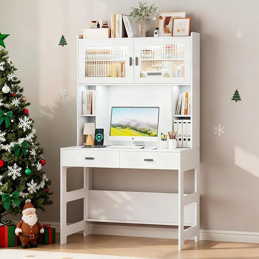 Vlsrka Home Office Desk with Hutch and Drawers 40 Computer Desk with Storage Shelves and LED Lights Modern Wooden Writing Study Table with Charging Station for Bedroom White