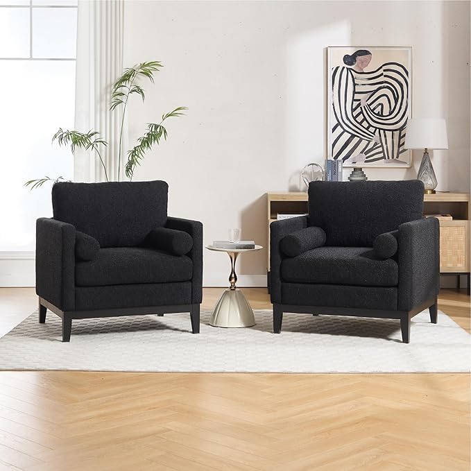 Mlmh &amp Kngwa 35.43 W Modern Accent Chair Set of 2 Upholstered Accent Chairs Single Sofa Chair with Wood Black Finish Legs Comfy Wingback Armchair for Living Room Bedroom Black