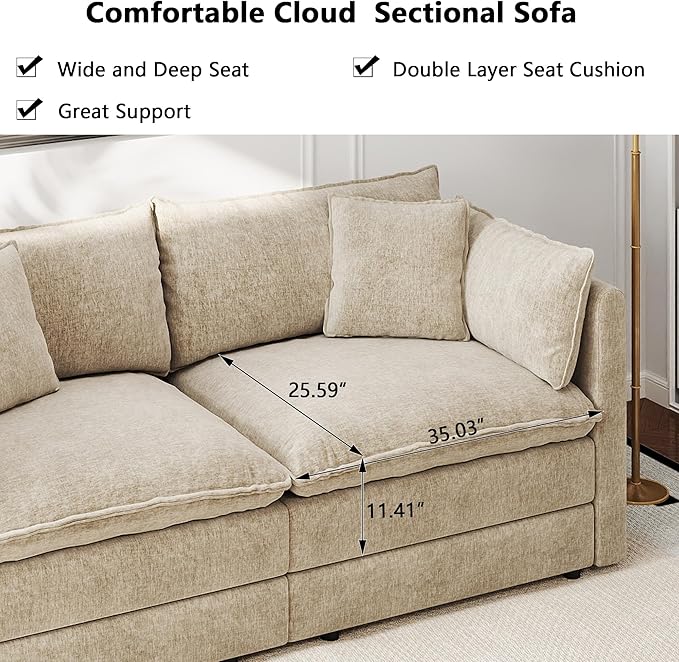 Aoowow Modular Sectional Sofa Modern Convertible L Shaped Couch147.2 Inch Deep 4-Seater Sofas Set Comfy Chenille Cloud Sofas and Couches with Movable Ottoman for Living Room Apartment（Light Coffee）