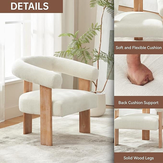VKNOW Accent Chairs Set of 2 Modern Upholstered Living Room Chair Armchair with Solid Wood Legs Comfy Barrel Arm Chairs for Living Room Bedroom Cream