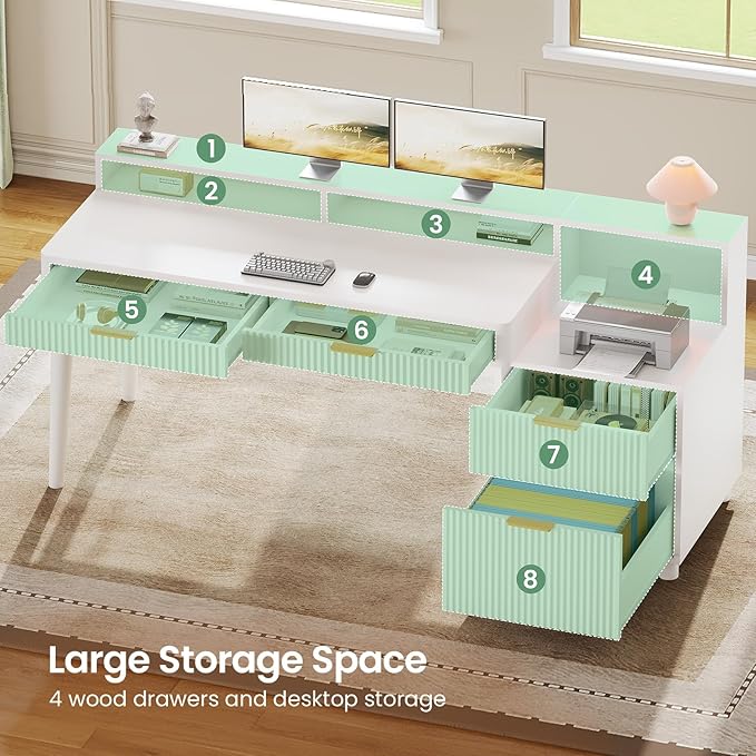 SEDETA Office Desk with 4 Storage Drawers 59 Fluted Wood Gaming Computer Desk with LED Lights and Power Strip Modern Writing Desk Study Table for Home Office Living Room Bedroom White