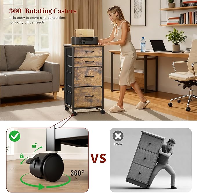 4 Drawers Mobile File Cabinet Vertical Filing Cabinet with Fabric Drawer Fits A4/Letter Size Printer Stand for Home OfficeRustic Brown