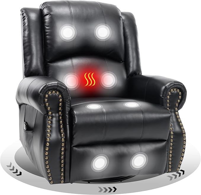 Leather Manual 360° Swivel Rocker Recliner for Adults Gulider Reclining Chair for Living Room with Vibration Massage and Lumbar Heat Side Pockets Faux Leather Black