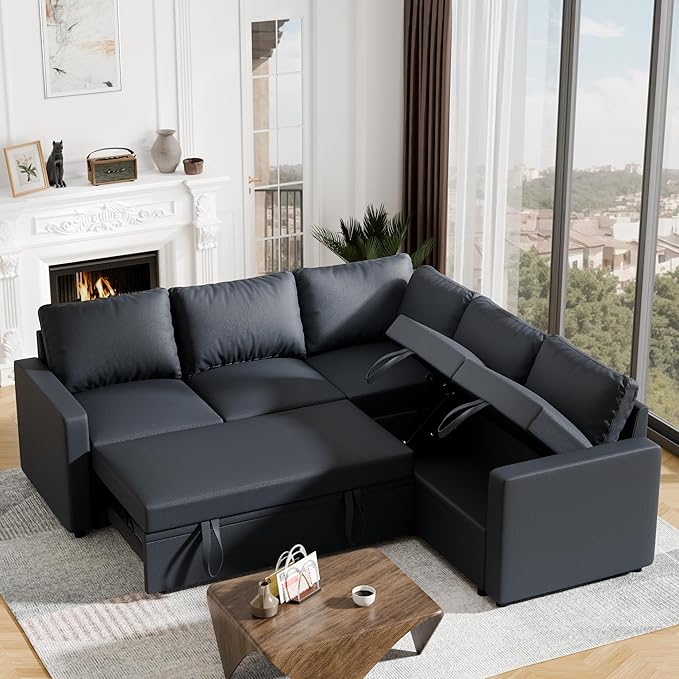FONTOI Sleeper Sofa Bed Modular Sectional Couch with Pull Out Bed L Shaped Sectional Convertible SofaBed with Storage Seat for Living Room Apartment Bedroom Office Dark Gray Linen