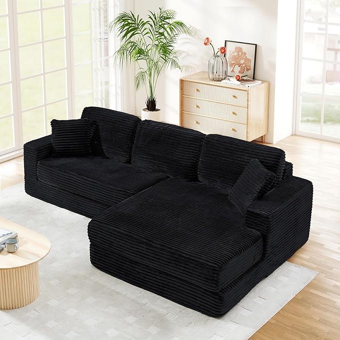 112.6 Oversized Fold Out Couch Bed King 3 in 1 Convertible Modern L Shape Cloud Modular Sectional Comfy Boneless Foam Couch Futon for Living Room No Assembly(Black CorduroyRight Facing Chaise)