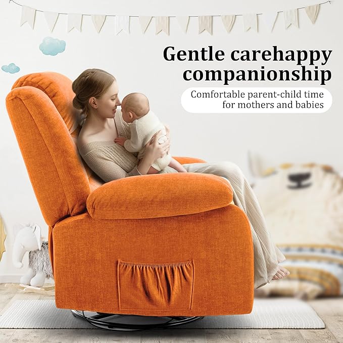 Recliner Chair Wide Rocker Chair Rocking Chair with Massage and Heat360°Swivel Nursery Rocking Chairs Oversized Recliner for Adults Cashmere Reclining Sofa for Living Room Orange