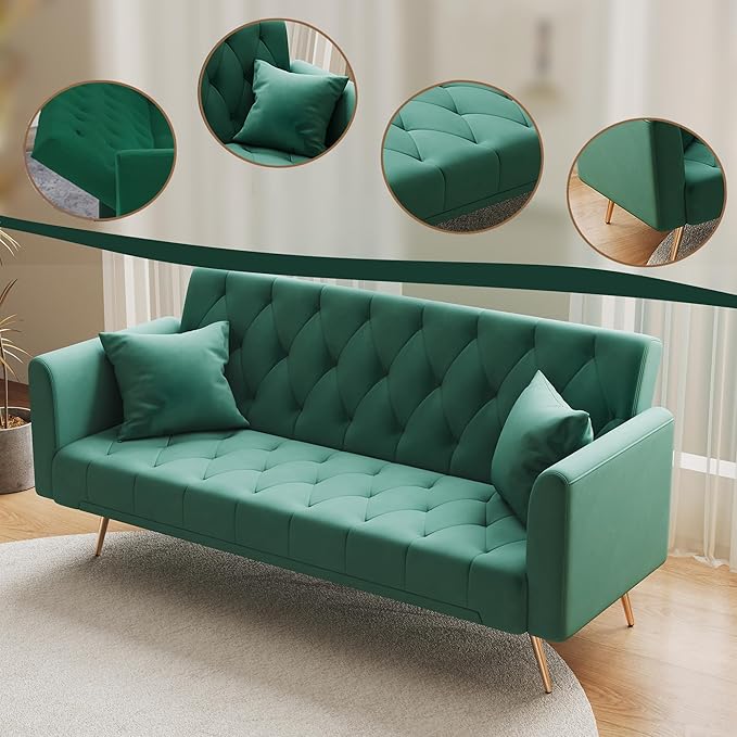 72Modern Velvet Sofa Bed FutonConvertible Folding Sleeper Bed Couches with 3 Adjustable BackrestsTufted Recliner Love Seat with Golden Chrome Legs for Living Room Apartment Office (Green+pillows)