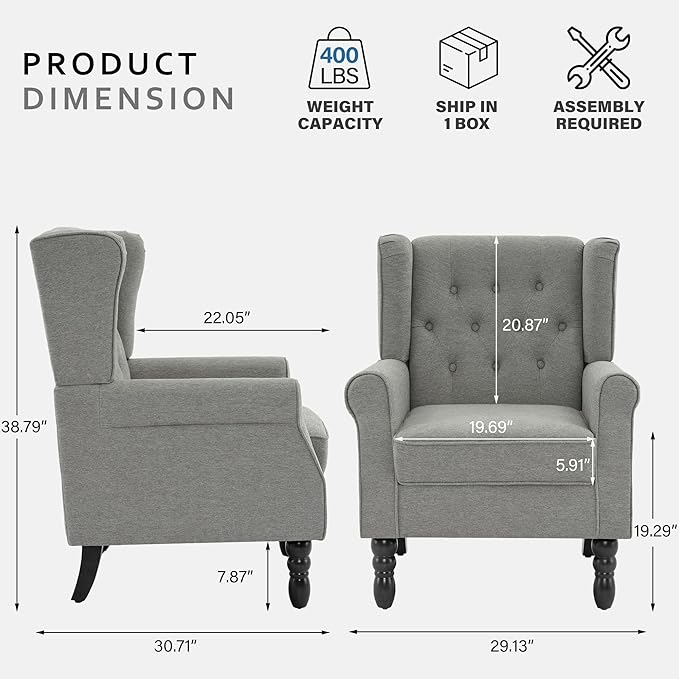 Accent Chair High Back Upholstered Chair with Button Tufted Mid-Century Modern Comfy Wingback Chair Reading Armchair in Fabric for Living Room for Bedroom Office-Light Gray