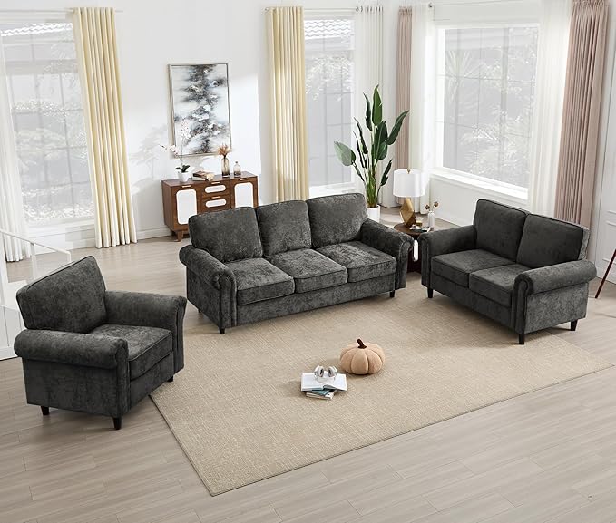 Kingfun Loveseat 2&amp3 Seater Couch with Chair Mid Century Modern Chenille Sofa Set with Rolled Arms and Deep Seats Fluffy Comfort for Living Room Apartment Easy Assembly Grey