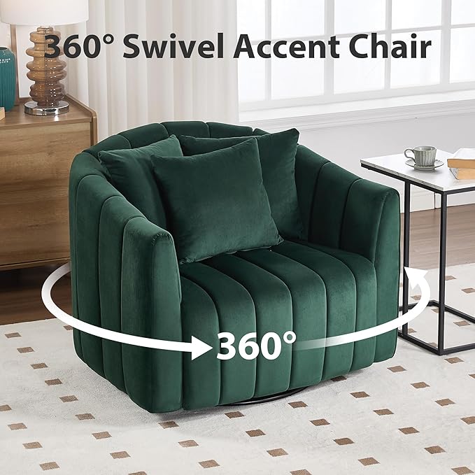 Chifee &amp Vingol 40.16 W Swivel Accent Barrel Chair Velvet Round Barrel Chair with 3 Pillows 360 Degree Swivel Armchair for Living Room Bedroom Green