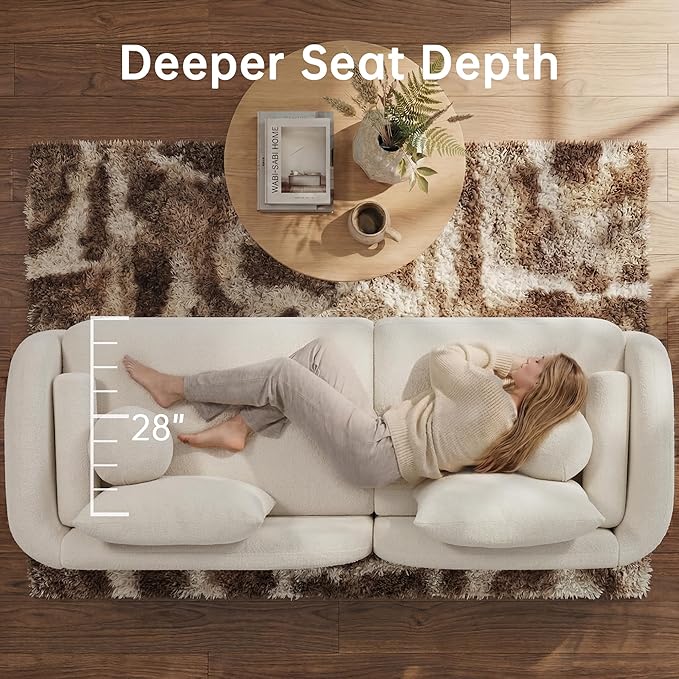 Modern Curved Sofa 3-Seater Comfy Cloud Boucle Couch with Wood Leg &amp Pillows Minimalist Sofas for Living Room Apartment Cream White 91.75‘’ | Curved design 6 sofa pillows Simple assembly Mo