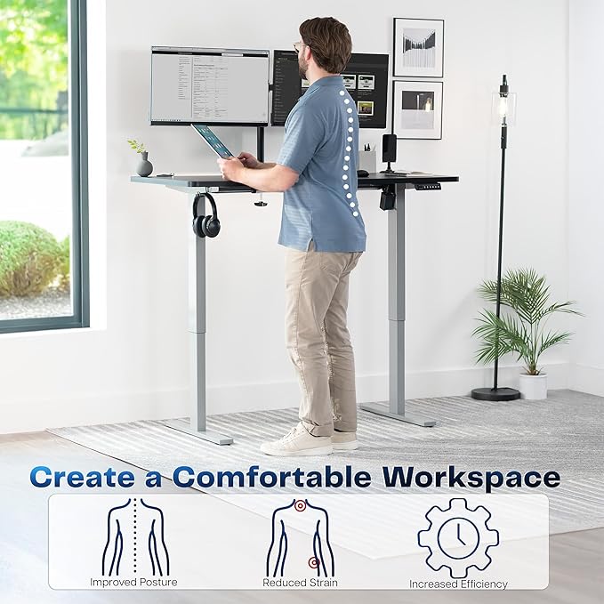 VIVO Electric 55 x 28 in Standing Desk Memory Height Adjustment 1B Series Holds 220 lbs One-Piece Black Top Gray Frame DESK-KIT-1G55B