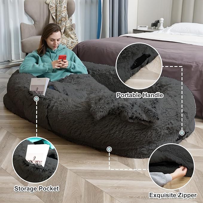YAEM Human Dog Bed 71x45x12 Calming Giant Human Size Dog Bed for Adults Washable Faux Fur Orthopedic Napping Pet Beds with Non-Slip Bottom Dark Grey