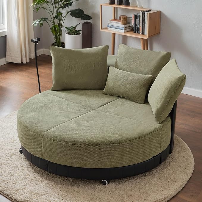 Anwick Modern 52'' Oversized Round Swivel Chair 360 Swivel with Adjustable Phone Holder 4 Pillows Upholstered Couples Chair for Living Room Bedroom Lounge Hotel (Green)