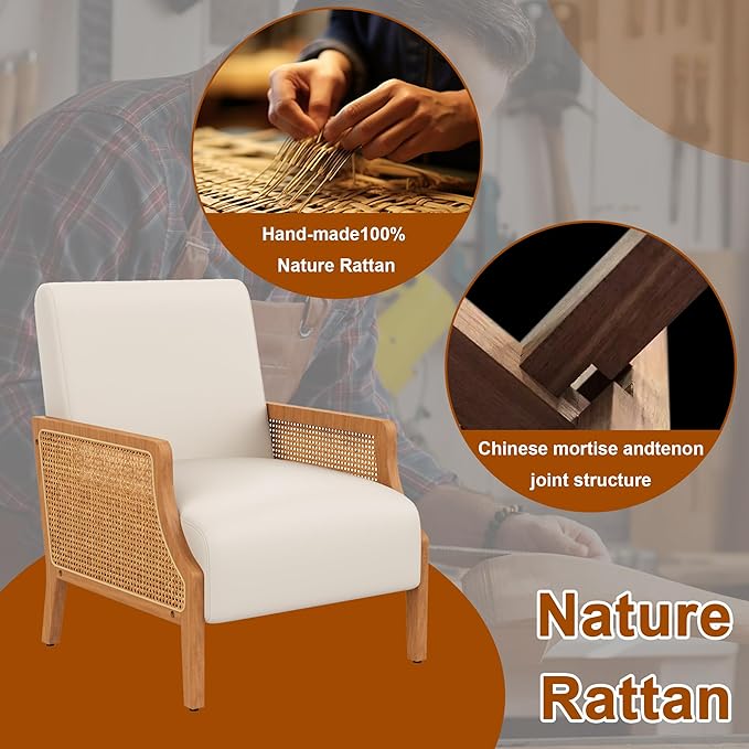 WENTMENT Modern Accent Chair Armchair with Natural Rattan Armrest Upholstered Living Room Chair Comfy Single Sofa Chair for Hosting Room/BedroomBeige