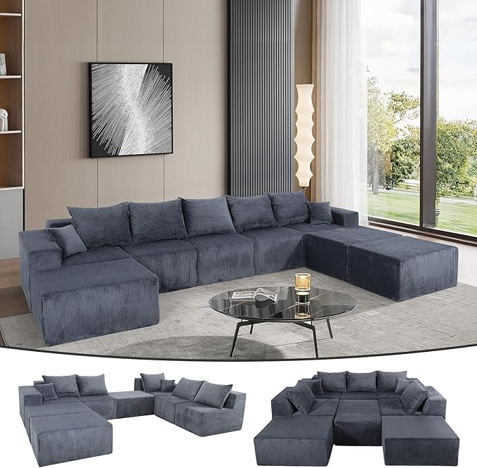 155 Oversized Cloud Boneless Couches for Living Room U-Shaped Modular Sectional Sofa with Deep Seat 8 Seater Boneless Couch with Ottoman &amp Pillows Corduroy DIY Combination Modular Couch Grey