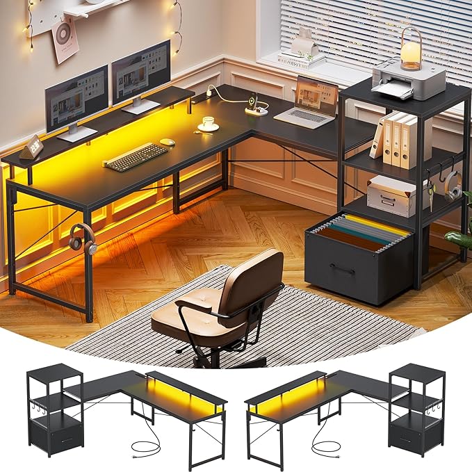 SEDETA L Shaped Gaming Desk 51 Computer Desk with Storage Shelves Gamer Desk with Power Outlets &amp LED Lights Fabric Drawer Monitor Stand and Hooks Black