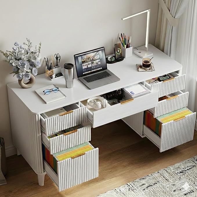 White Desk with Drawers 55 Fluted Executive Desk with Storage Cabinet Wood Home Office Desk with File Cabinet Modern Computer Writing Desk for Study Living Room Bedroom