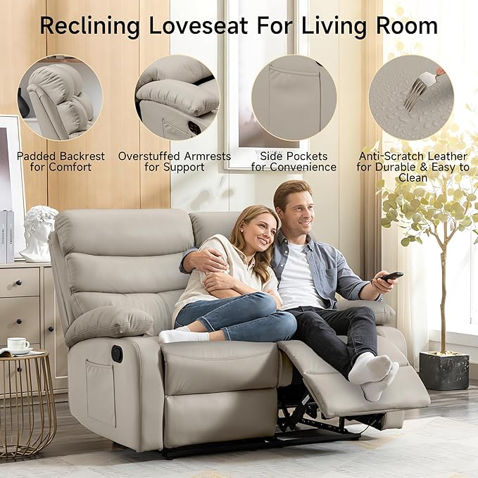 Reclining Loveseat Anti-Scratch Leather Double Recliner Sofa with Side Pocket Wall Hugger Loveseat Recliner for Living Room RV Home Theater(Beige)