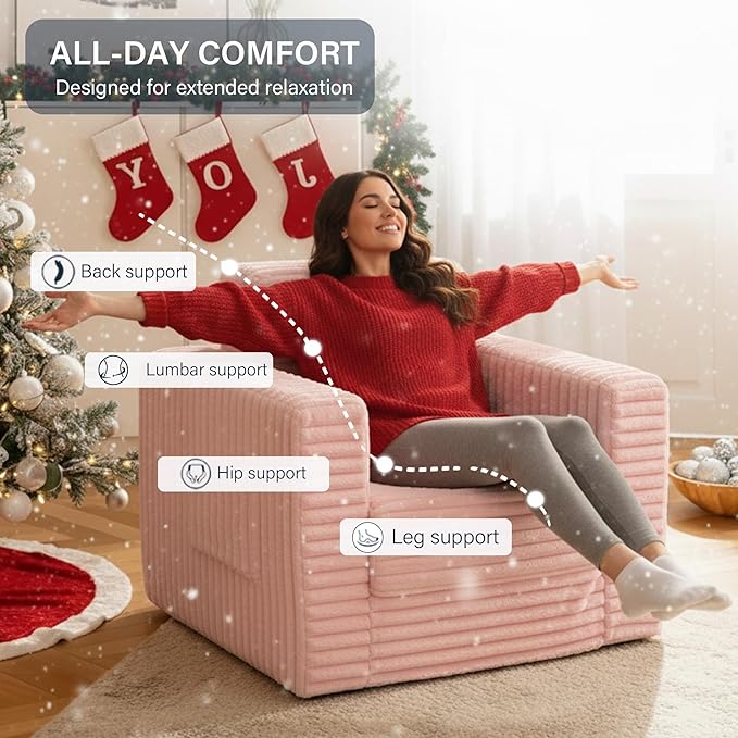 Welnow Folding Sofa Bed with Ottoman Convertible 2-in-1 Boneless Couch Futon Lounge Chair Bed for Adults Comfy Fold Out Sleeper Sofa for Small Spaces Living Room Bedroom or Dorm Pink