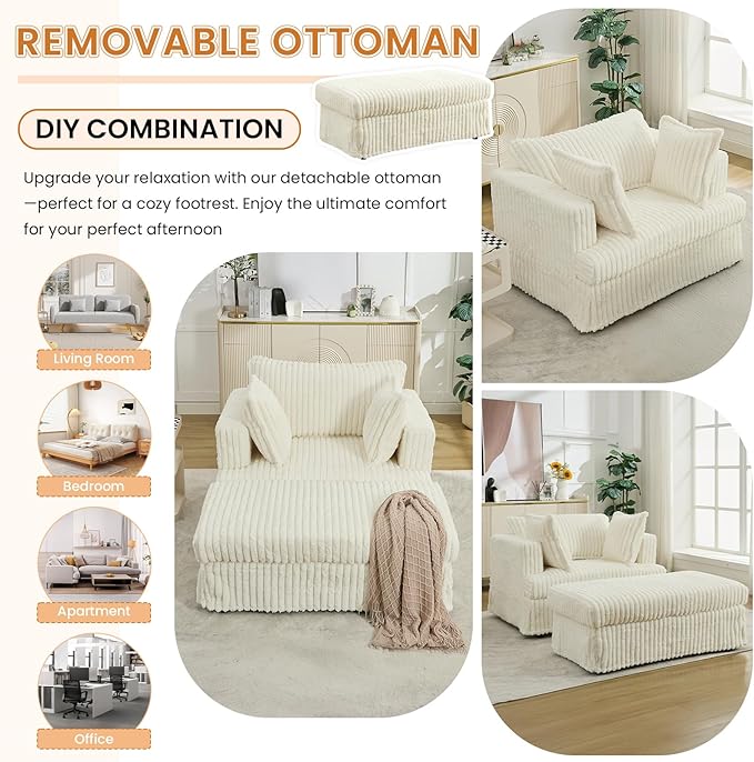 KINFFICT Oversized Chaise Longue IndoorComfy Upholstered Tufted Corduroy Single Sofa Couch Leisure Chair with 3 PillowDeep Seat Reclining Sleeper Sofa Chair for Living RoomBedroomOffice (Beige)
