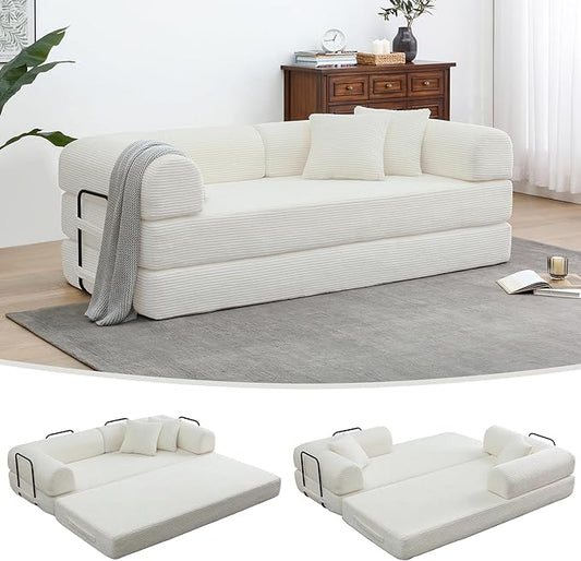 JJJ 78 inch Sofa Bed 4-in-1 Boneless Convertible Corduroy Sleeper Folding Couch with Fixed-Shape Frame and 2 Pillows Futons No-Assembly 3 Seater Upholstered for Living Room (Beige 78 inch)