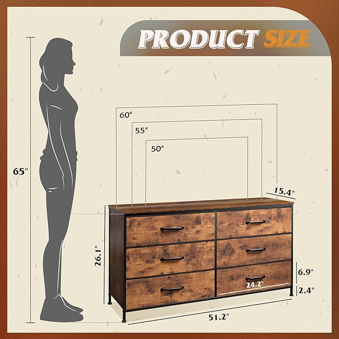 WLIVE Large Dresser for Bedroom with 6 Fabric Drawers Wide TV Stand for 50 55 60 inch TV Long Chest of Drawers with Deep Drawer for Closet Bedroom Living Room Hallway Rustic Brown