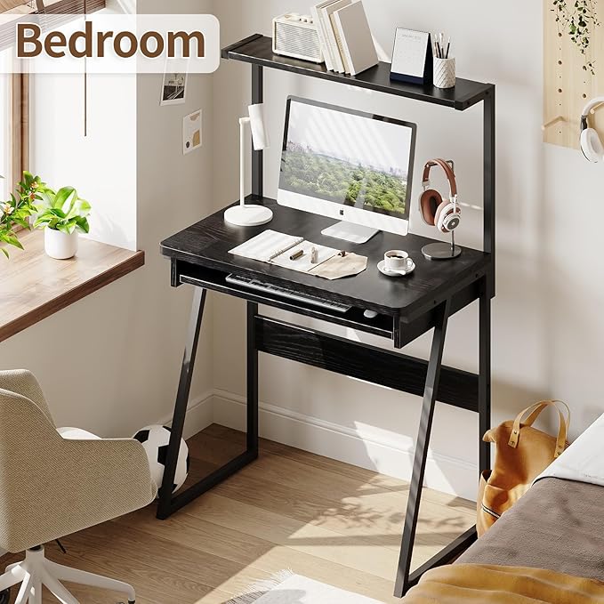 ALISENED 2-Tier Small Computer Desk with Keyboard Tray Compact Laptop Table Workstation Freestanding Ladder Desk Writing Gaming Desk with Storage Hutch for Small Spaces Study Home Office Black
