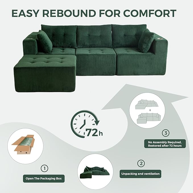 MAXYOYO Modular Sectional Sofa Couch L Shaped Modern Cloud Couch with Ottoman Sofa in A Box Tufted 4-Seat Boneless Sleeper Chair for Living Room No Assembly Required Green
