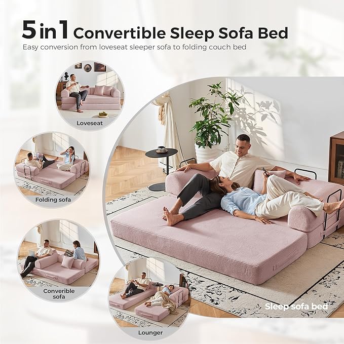 79'' Convertible Sofa Bed 5-in-1 Folding Corduroy Sleeper Couch with Pull Out Bed Oversized Modular Floor Sofa No Assembly Space-Saving Guest Bed for Apartment Living Room Bedroom (Pink) | Convert
