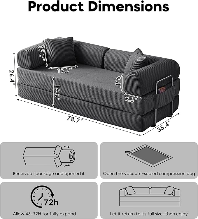 79 Convertible Sleeper Sofa Bed Modern Corduroy Floor Couch Bed with Fixed-Shape Frame Modular Sofa Couch with Pull Out Bed Boneless Loveseat Sleeper Couches for Living Room Grey