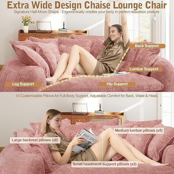 81 Oversized Bean Bag Chair Boneless Round Chaise Lounge Comfy Chenille Reading Chair Fluffy Plush Sofa Bed Large Deep Seat Circle Cloud Couch for Living Room/Apartment/Bedroom Pink